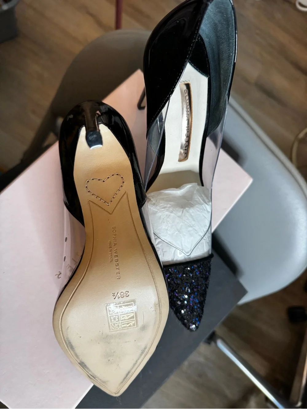 Black Pointed Clear Panel Glitter Toe Stiletto Pump